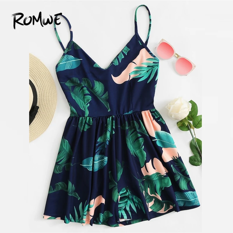 ROMWE цветочный принт с вырезами Cami Romper 2019 Модный летний женский комбинезон с средней талией без рукавов с v-образным вырезом сексуальный