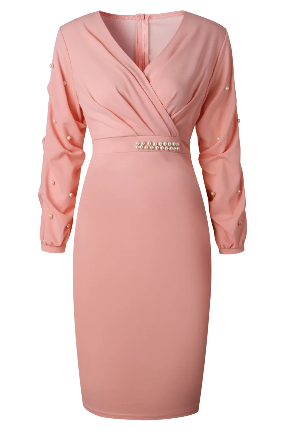 Aovica модное однотонное розовое офисное платье с бусинами, женское сексуальное платье с v-образным вырезом и рукавом 3/4, вечерние Женское обтягивающее платье, платье Vestidos