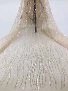 

High quality wedding dress fabric linear sequin embroidery French mesh tulle African lace fabric Nigeria lace 5 yards