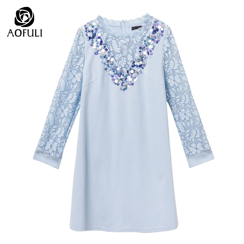 2018 Cielo See through Abiti Sexy Boutique Nero Del Di Sequin Abito S 5xl azzurro Merletto Corto Delle Vintage 3528 Primavera Donne Marca Il Formato Aofuli Grande Rappezzatura zqFnZOx8x