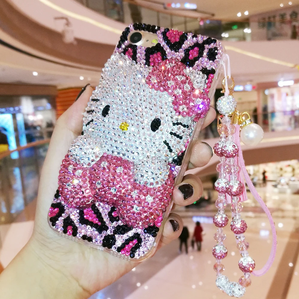 For iphone 8 8Plus Bling 3D Crystal leopard Cat Cabochon DIY phone Case XS max XR X 6 6s 6P Luxury KT Cover |