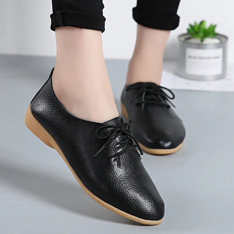 Женская Повседневная обувь; коллекция года; модная повседневная обувь из натуральной кожи на плоской подошве; женская однотонная обувь на плоской подошве со шнуровкой; удобная женская обувь для мам - Цвет: Black