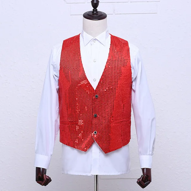 Shiny Silver Sequin Vest Men Single Breasted Mens Glitter Dress Vests