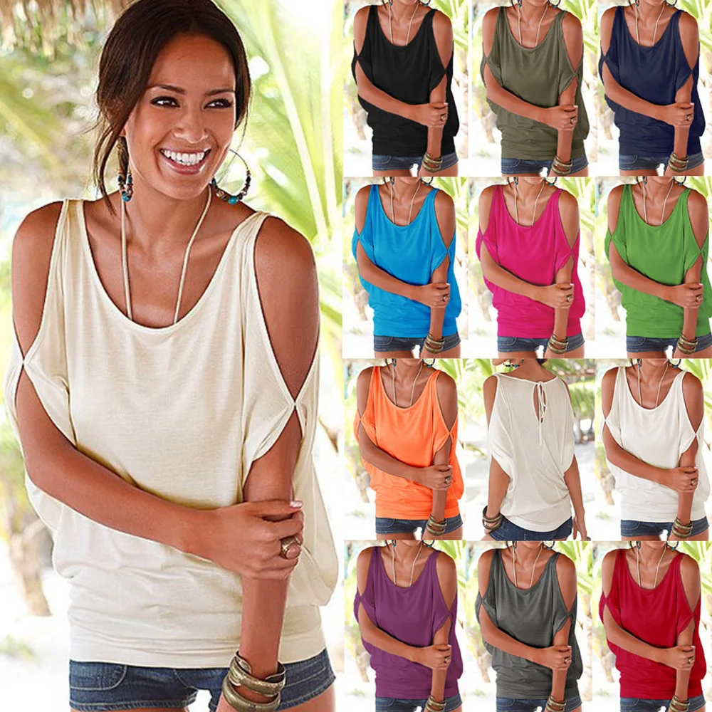 

AVODOVAMA M Sexy Strapless Blouse Women Casual Solid Fashion Batwing Sleeve Summer Hole O Neck Female Blouses