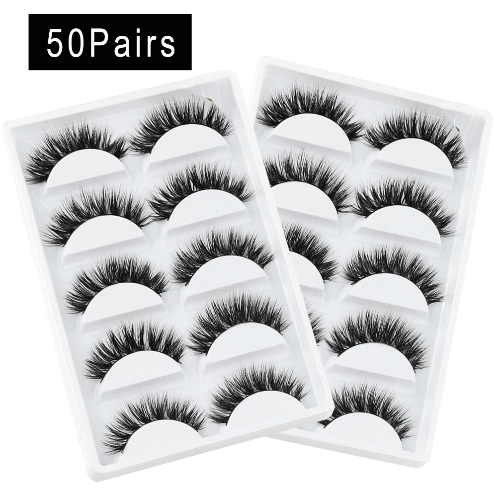 

50 Pairs/lot 100% Mink Natural Thick False Fake Eyelashes Handmade Soft Cross Long Eye Lashes Makeup Extension Tools
