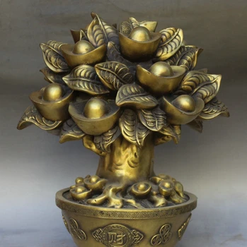 

zm 15" China Folk Copper Treasure Bowl Yuan Bao Money Tree Wealth Statue Sculpture