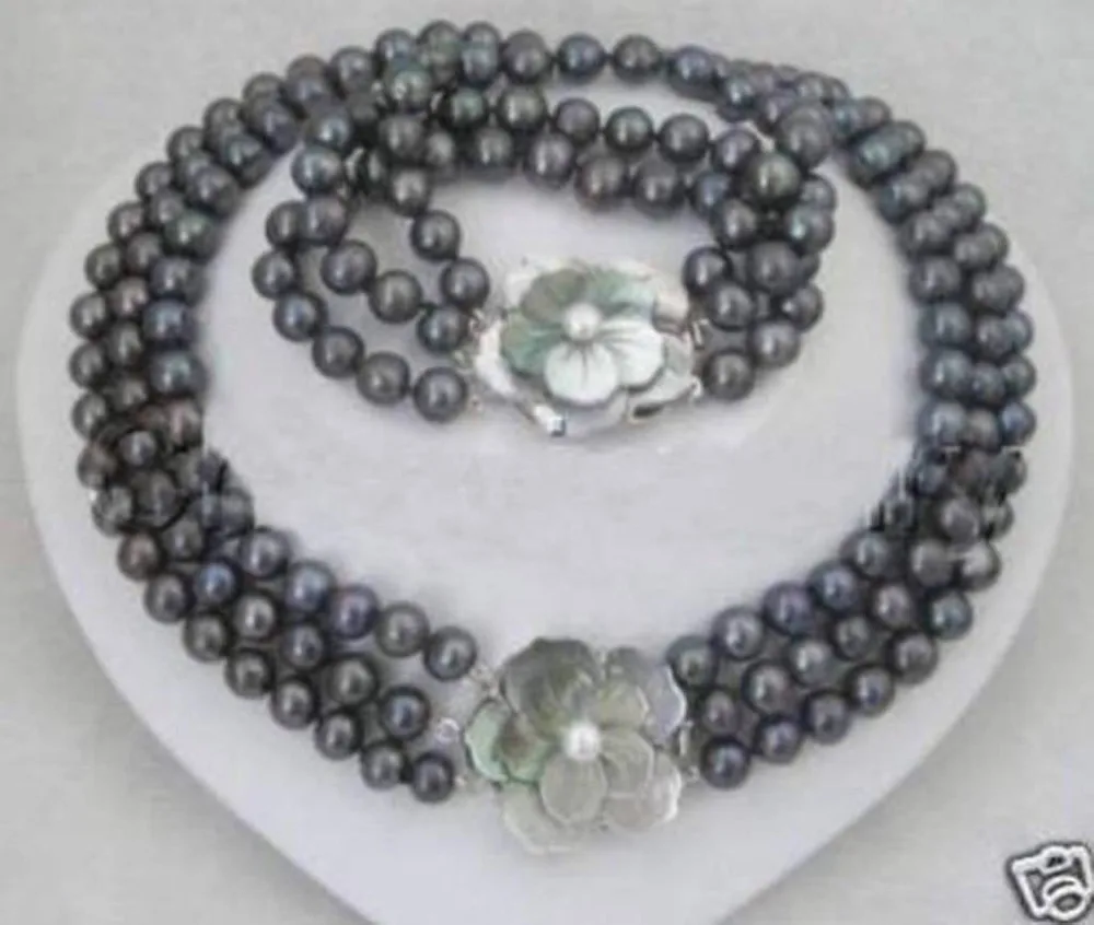 

Free shipping New style Natural noble jewelry>>>>REAL PEARL 3 Row 7-8mm Black Pearl Necklace Bracelet Set 17-19" & 7.5