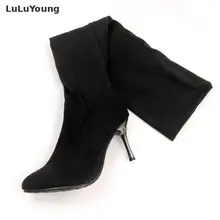 Модные женские сапоги выше колена на высоком каблуке; сезон весна-осень женские сапоги из флока размеры 41, 42, 43, Sy-394