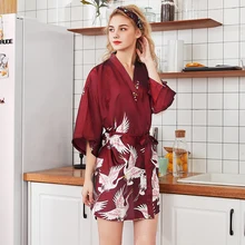 Daeyard Silk Satin Crane Print Short Kimono Self Belted Robe V Neck Half Sleeve Women Summer Dressing Gown Night Robe Sleepwear Daeyard Silk Satin Crane Print Short Kimono Self Belted Robe V Neck Half Sleeve Women Summer Dressing Gown Night Robe Sleepwear