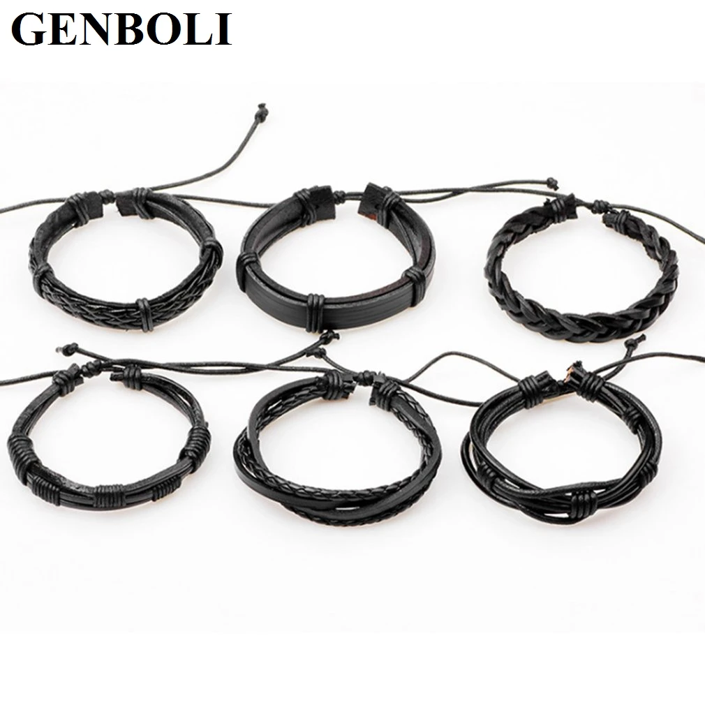 5PC/SET Men Jewelry Adjustable Black Coffee Pu Leather Beads Wrap Viking Bracelet Multilayer Chain Bracelet DIY Jewelry A30