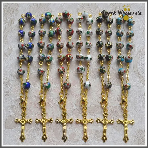 12 шт./лот рождественские подарки multi Цветной 8 мм браслет розарий перегородчатой католической браслет Санкт-золото Иисус крест кулон Браслеты
