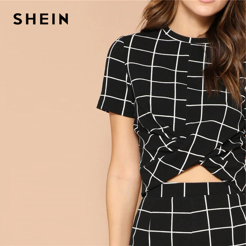 SHEIN تويست الجبهة الشبكة المحاصيل أعلى و بناطيل ضيقة مطابقة مجموعة النساء الملابس الربيع أنيقة قصيرة الأكمام منقوشة اثنين من قطعة مجموعة SHEIN تويست الجبهة الشبكة المحاصيل أعلى و بناطيل ضيقة مطابقة مجموعة النساء الملابس الربيع أنيقة قصيرة الأكمام منقوشة اثنين من قطعة مجموعة