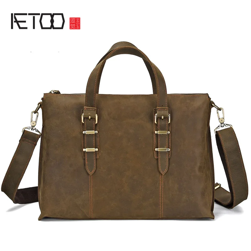 

AETOO Leather male bag men's head cowhide handbag mad horse Leather man bag business briefcase computer Bag