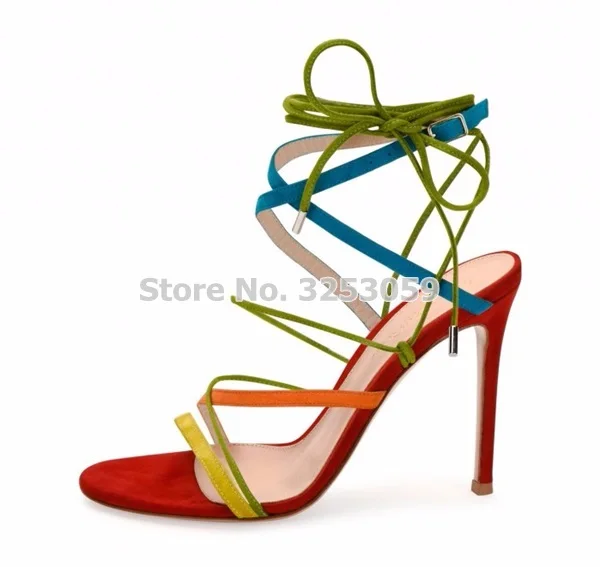 Young Girl's Multi-color Thin Strappy Sandals Stiletto Heels Lace-up Cross Strappy Dress Pumps Colorful Tied Party Shoes strappy dress with lace up detail