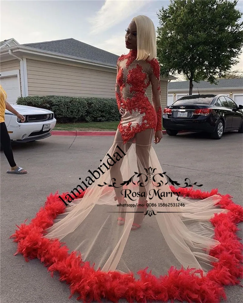 

Sexy Red Mermaid Feather Prom Dresses 2K19 Plus Size Crystals Vintage Lace African Arabic Girls 2019 vestidos de fiesta largos