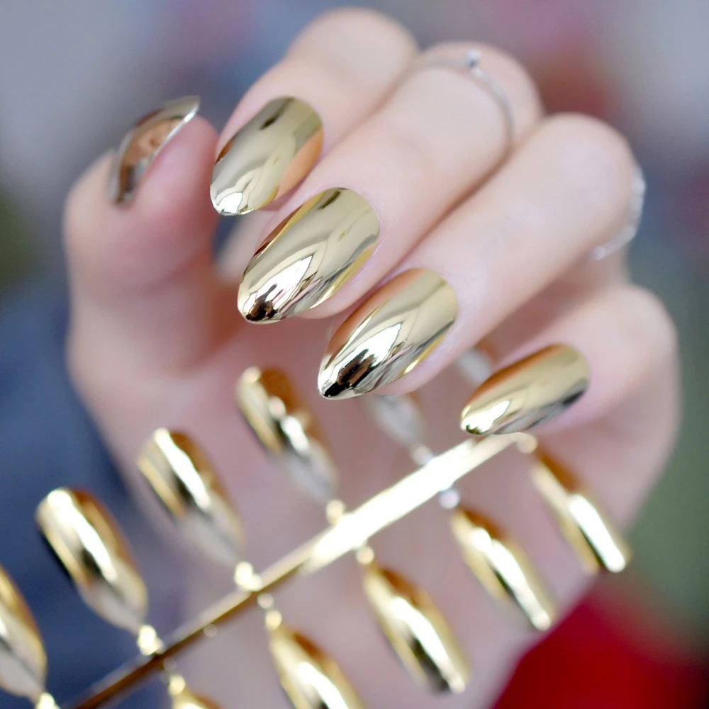 Light Gold Mirror Artificial Nails Sharp Medium Metallic Design Acrylic