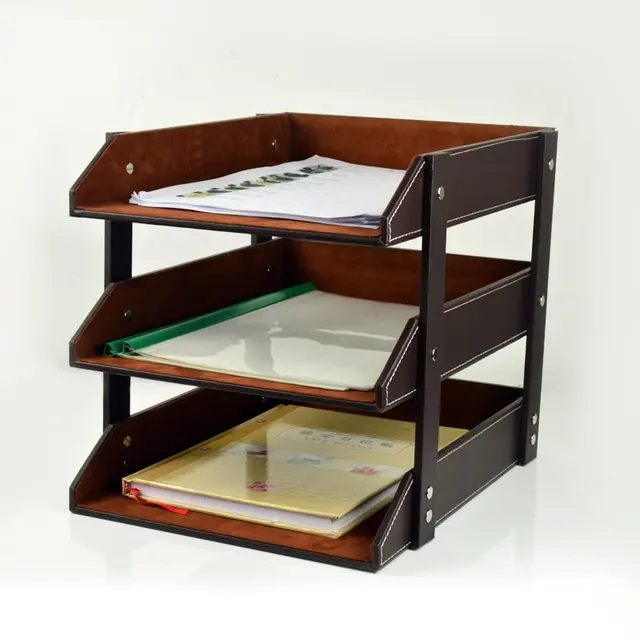 Leather Three File Frame Data Desktop Tray 4 Paper Storage Rack Leather Three File Frame Data Desktop Tray 4 Paper Storage Rack Business Office Products