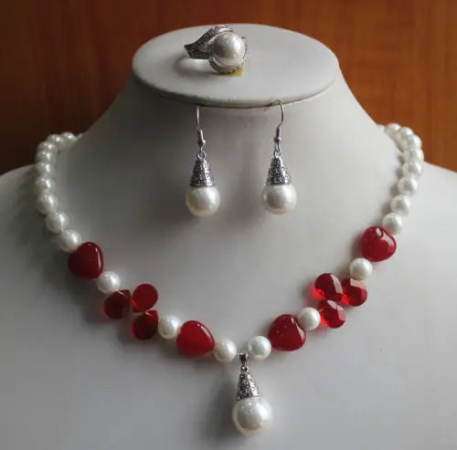 

free shipping 07579 New Design Women'S White Pearl/Red Jade Necklace Earring Ring Jewelry Set (A0423)