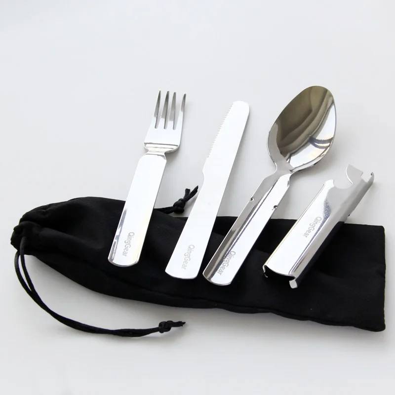 QingGear 4 в 1 походный столовый набор из вилок ложка нож открывалка для бутылок портативная посуда для пикника с нейлоновым мешочком