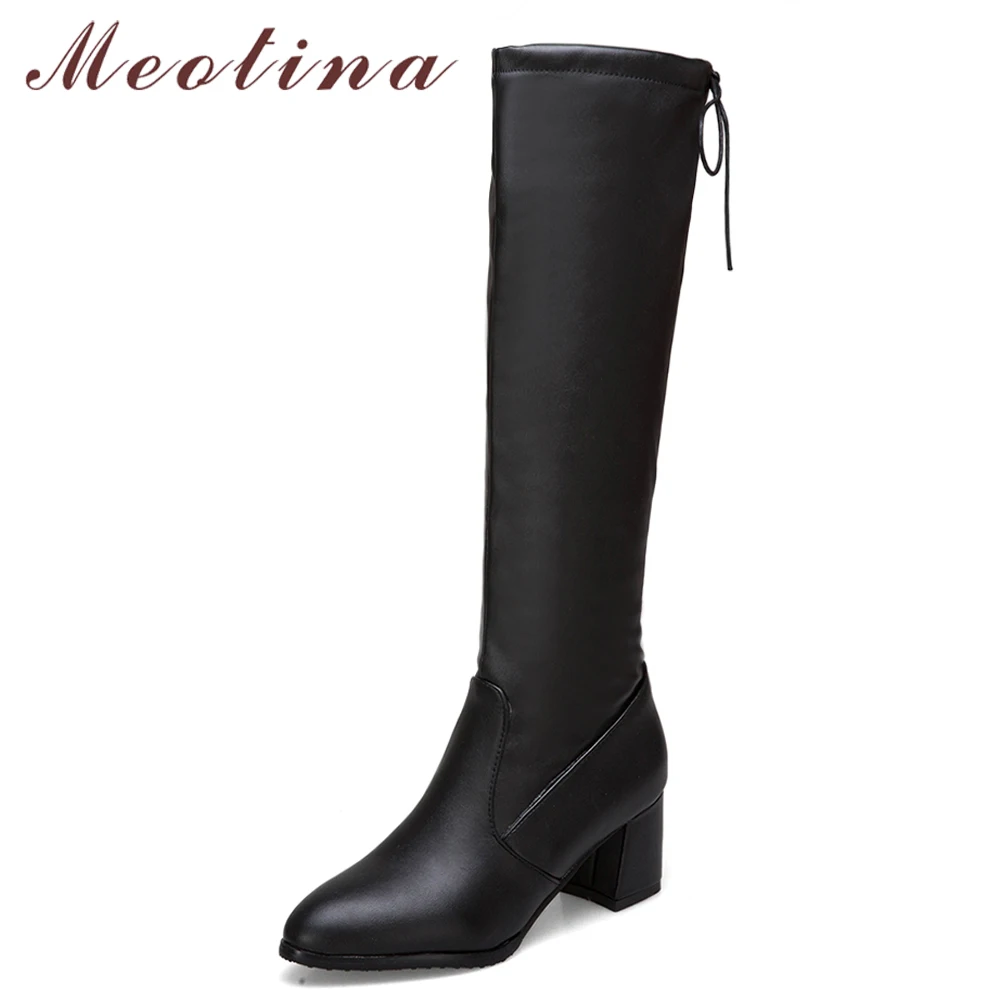 

Meotina Knee High Boots Women Winter Thick High Heel Boots Pointed Toe Long Boots Bow Ladies Footwear White Black Big Size 9 10