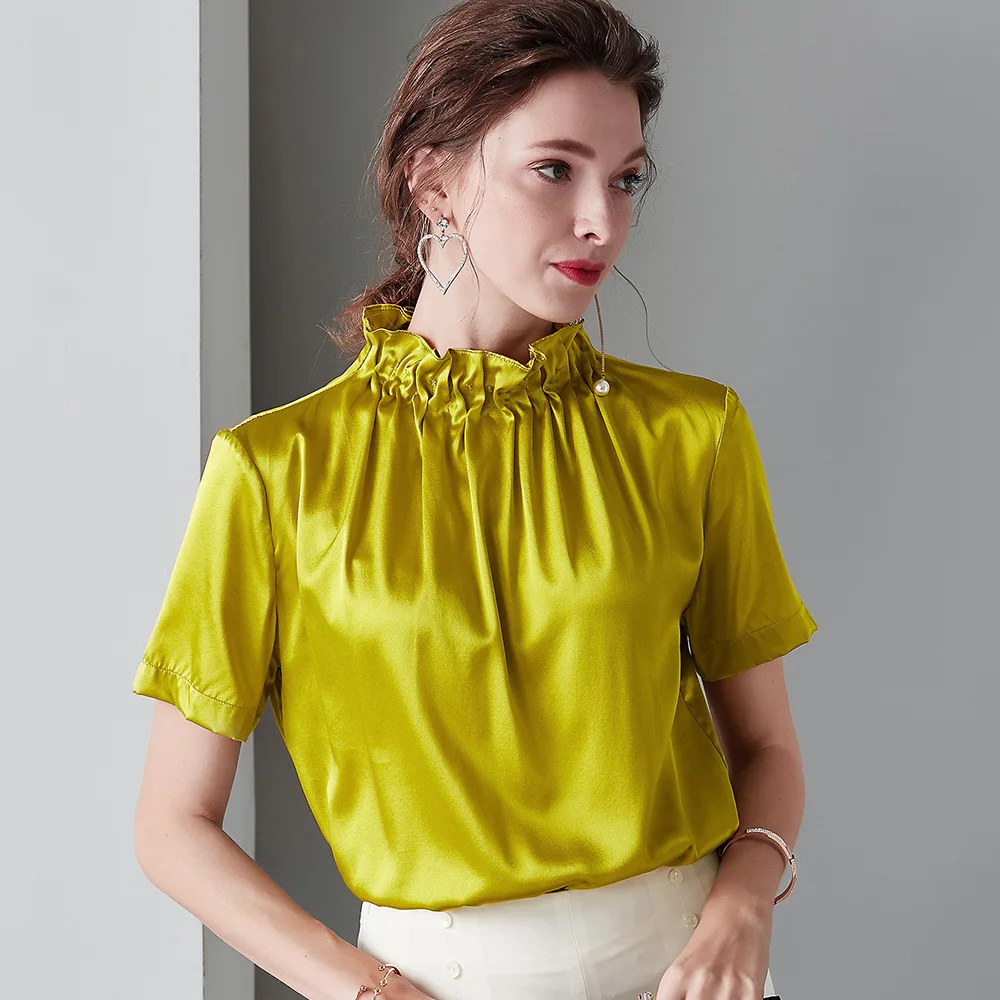 

Gold Silk T Shirt Summer Turtleneck Stain Silk Tee Shirt Femme High Quality Luxury Ladies Tops White Casual Clothing za Pullover