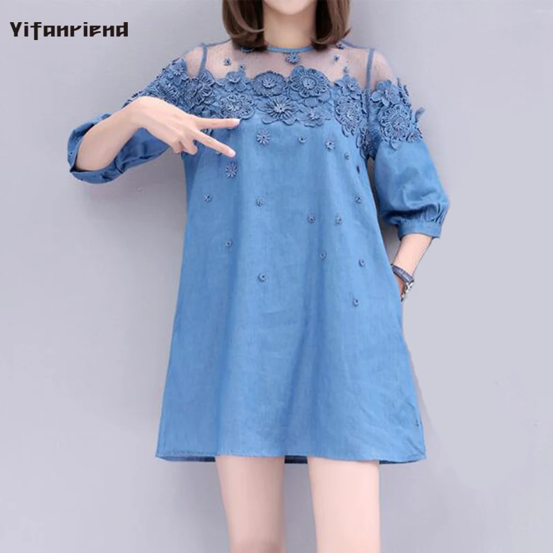 Vestidos Verano 2018 летнее женское джинсовое платье цветочное кружевное лоскутное милое
