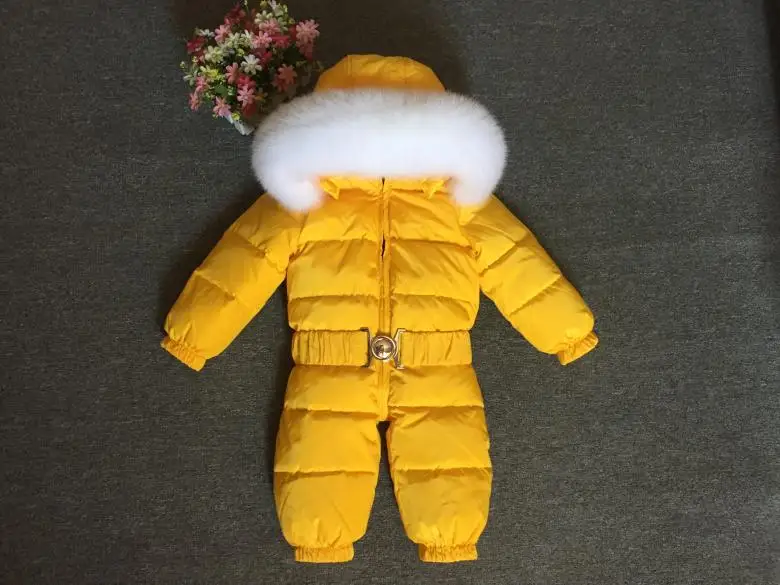 Newborn Winter Romper Baby Snowsuit Infant Overcoat Kids Snow Wear Jumpsuit Duck Down Coatton Liner Child New Year Costumes - Color: white fur yellow