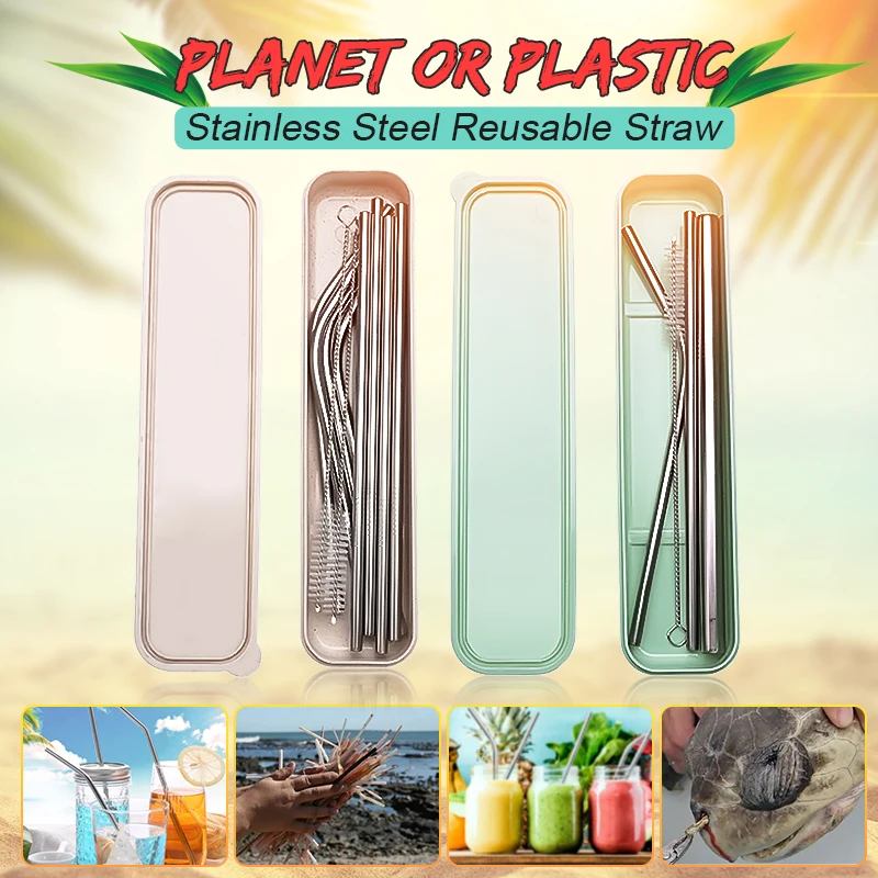 

4/9Pcs Reusable Drinking Straw High Quality Stainless Steel Metal Straw with Cleaner Brush with box For bottle