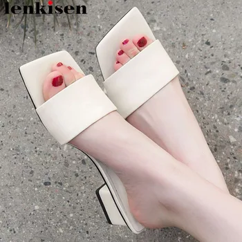

Lenkisen natural leather slip on mules peep square toe chunky med heels European movie stars women sandals handmade shoes L11
