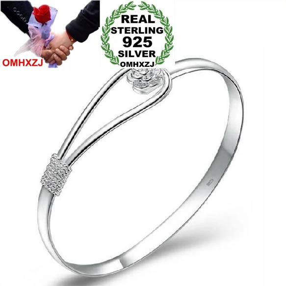 

OMHXZJ Wholesale jewelry geometric Romantic cherry blossom woman fashion kpop star Bangles 925 Sterling Silver adjustable SZ08