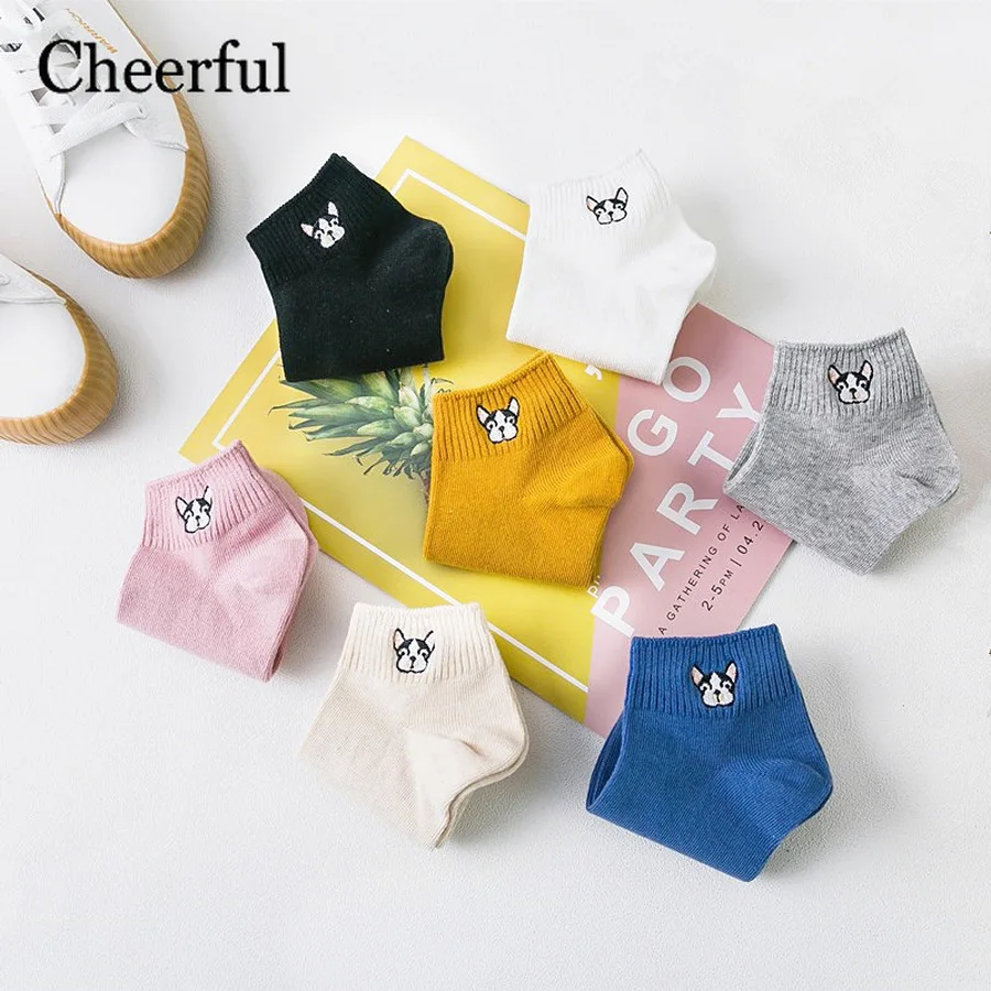 

2019 Summer New Bulldog Embroidery Boat Socks Fashion Casual Women Invisible Socks Creative Colorful Animal Socks Popsocket