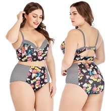 Plus Size Bikini Sets For Women 2 Piece Floral Stripe Swimsuit Plus Size High Waist Swimwear Push Up Padded Bra Fat Bathing Suit floral padded plus size swimdress