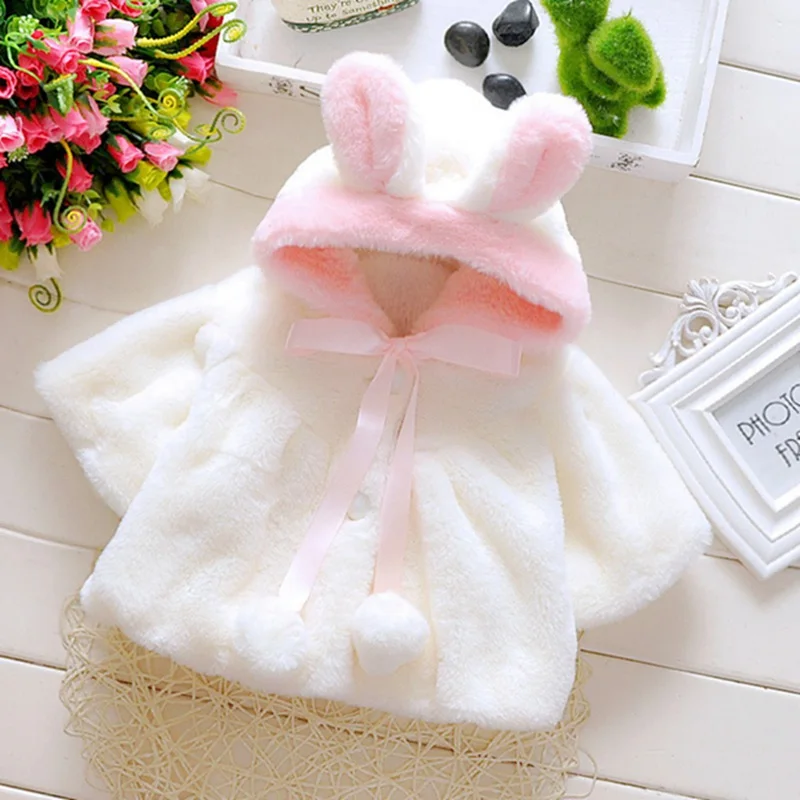 0-4T Baby Girl Coat Imitation Rabbit Fur Ear Shawl Wool Hooded Cartoon Warm Thick Pink White Blends Top