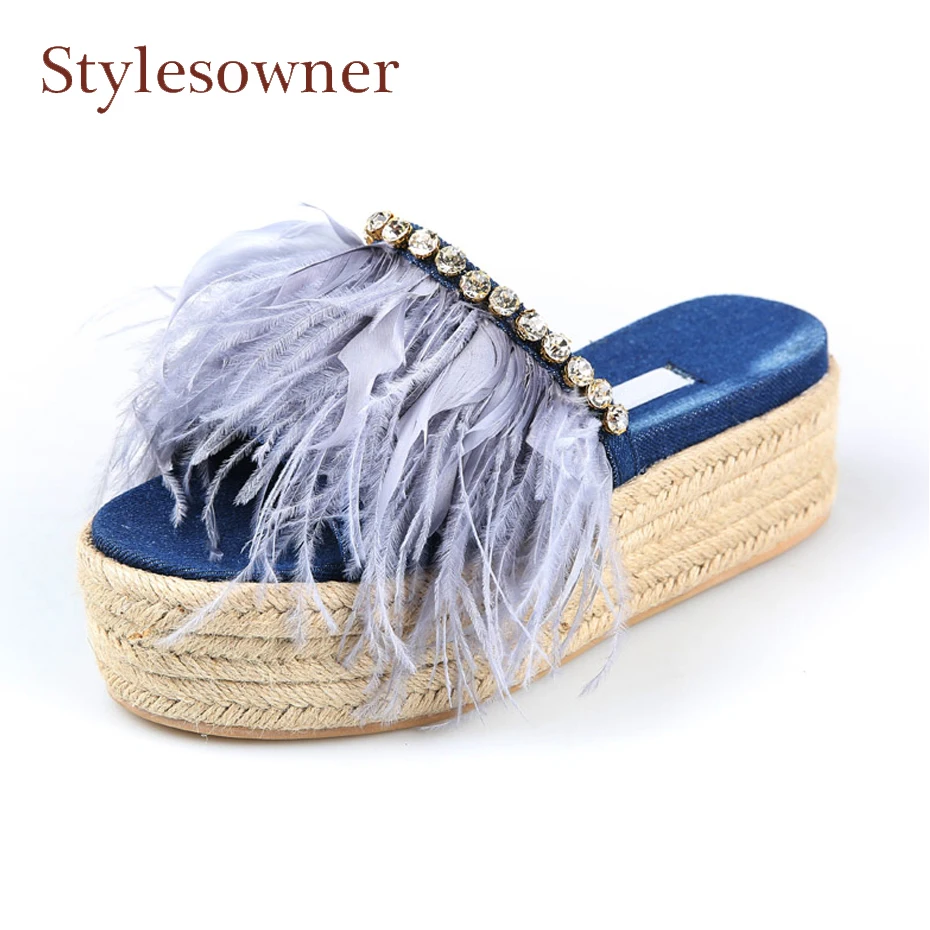 

Stylesowner new flat platform denim slipper feather rhinestone decor slides hemp knit wedge heel slip on cozy women casual shoes