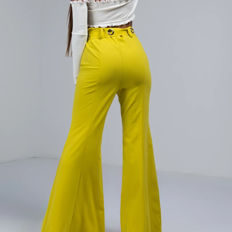 AKIRA Women's High Waist Grommet Hole Big Bow Belt Bell Bottom Wide Leg Flared Trouser Pants (4)