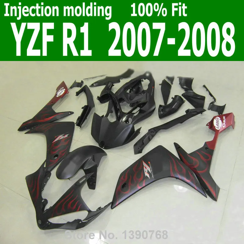 Смешанные настраиваемые Обтекатели для YAMAHA YZF R1 07 08 (матовый черный + красный