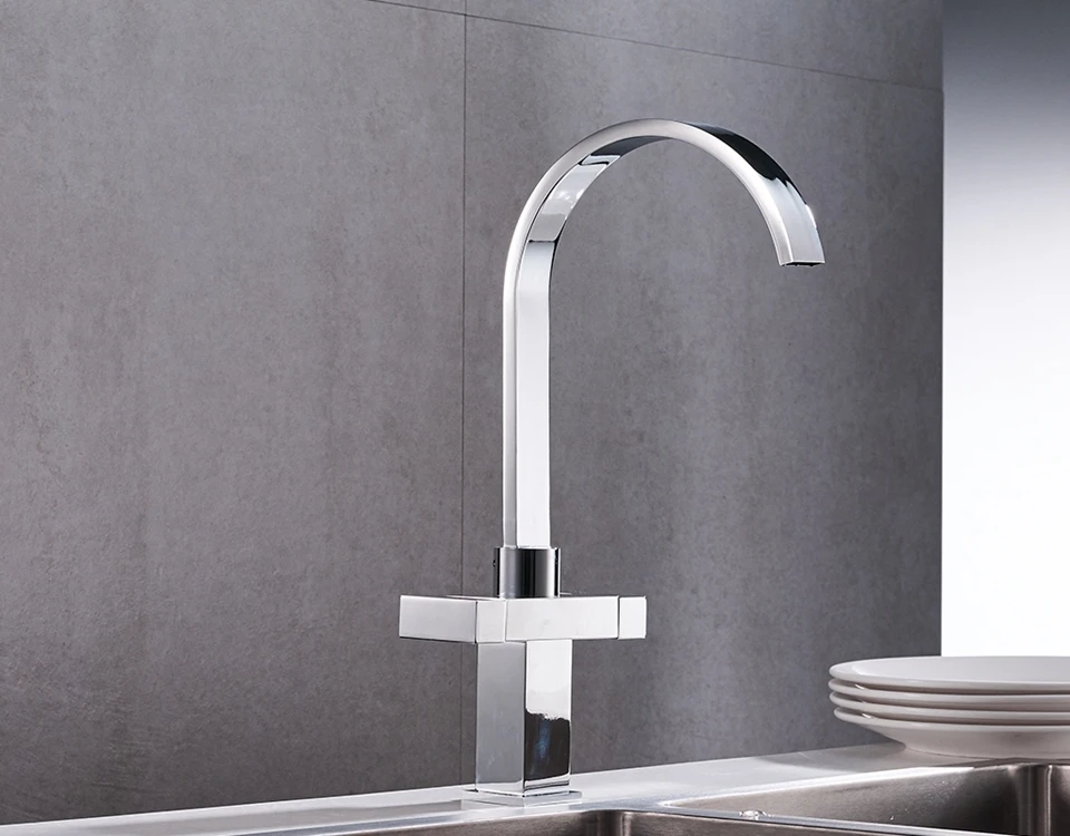 Modern Style High Arc Square Brass Kitchen Faucet In Chrome