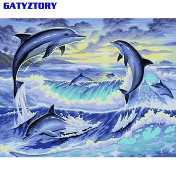 

GATYZTORY Dolphin Animals DIY Painting By Numbers Hand Painted Acrylic Paint On Canvas Calligraphy Painting For Home Decor 40x50