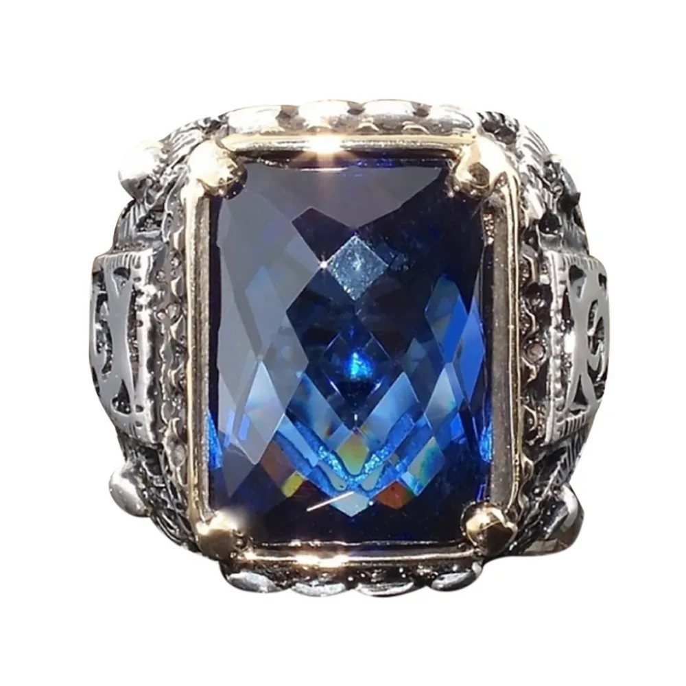 

Fashion Retro Hollow Blue Geometric Square Zircon Men's Domineering Ring Jewelry L0319