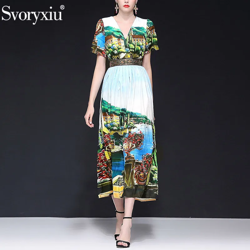 

Svoryxiu 2019 Boho Runway Long Dresses Women's Fine Manor Printing Luxury Sequin Beading Beach Party Dress Vestidos