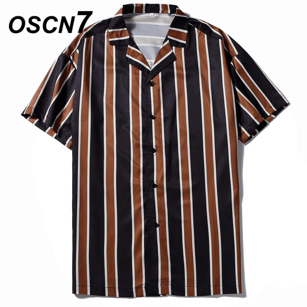 

OSCN7 2019 Casual Stripe Short Sleeve Shirt Men Street 2019 Hawaii Beach Women Fashion Short Sleeve Shirts Harujuku Mens 405