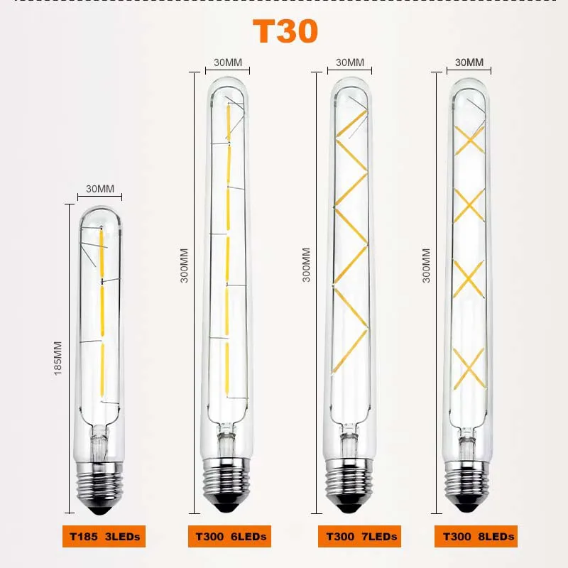 3W 6 Вт 7 Вт 8 Вт винтажный T30 светодиодный трубчатый лампочка накаливания Эдисона 2200K Экстра теплый Цоколь E27 110 В 220 в 85-265 в 30 мм Длинный Ретро светодиодный светильник