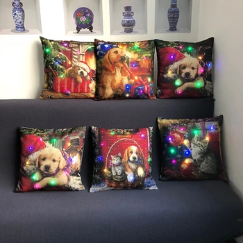 

LED Christmas Cushion Cover Cute Cat-And-Dog Series Decorative Pillow Sofa Car Family Cute Pillow Covers Decorative 45Cm*45Cm
