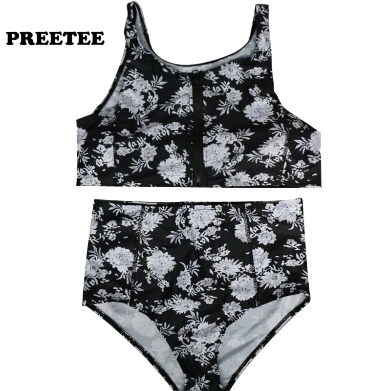 

2017 New Hot High-neck Top Swimsuits With Black White Flowers Pattern Bikinis Women High Waist Swimwear Vintage Bathing Suits