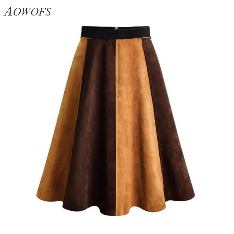 

2018 Women Spring Winter Midi Skirt High Waist Faux Suede Stitching A-Linen put on a large Plus Size Hit color Skirt ZRD1067