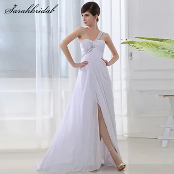 

Long One Shoulder Prom Dresses Chiffon A-Line Sleeveless Pleats Evening Gowns Floor-Length Beaded Back Lace Cheap In Stock SD011