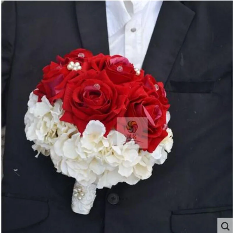 

Red-white Colour Handmade Rose Hydrange Holding Natural pearls Flowers Mini Bridal Bouquets Bride Bridesmaid Wedding Bouquet