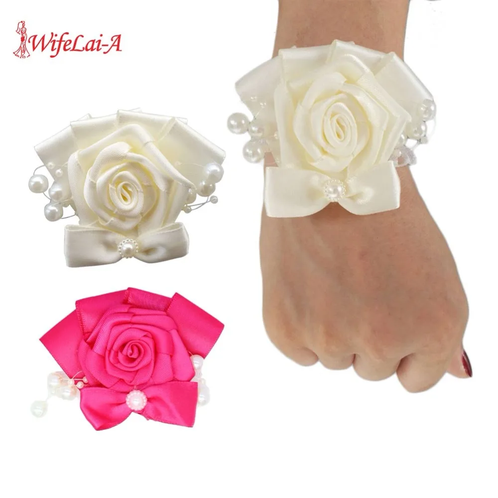 

WifeLai-A Pearl Bouquet Corsages Satin Hand Wrist Flower Bridesmaid Ivory Rose Accessories For Wedding Bride And Groom SW8715