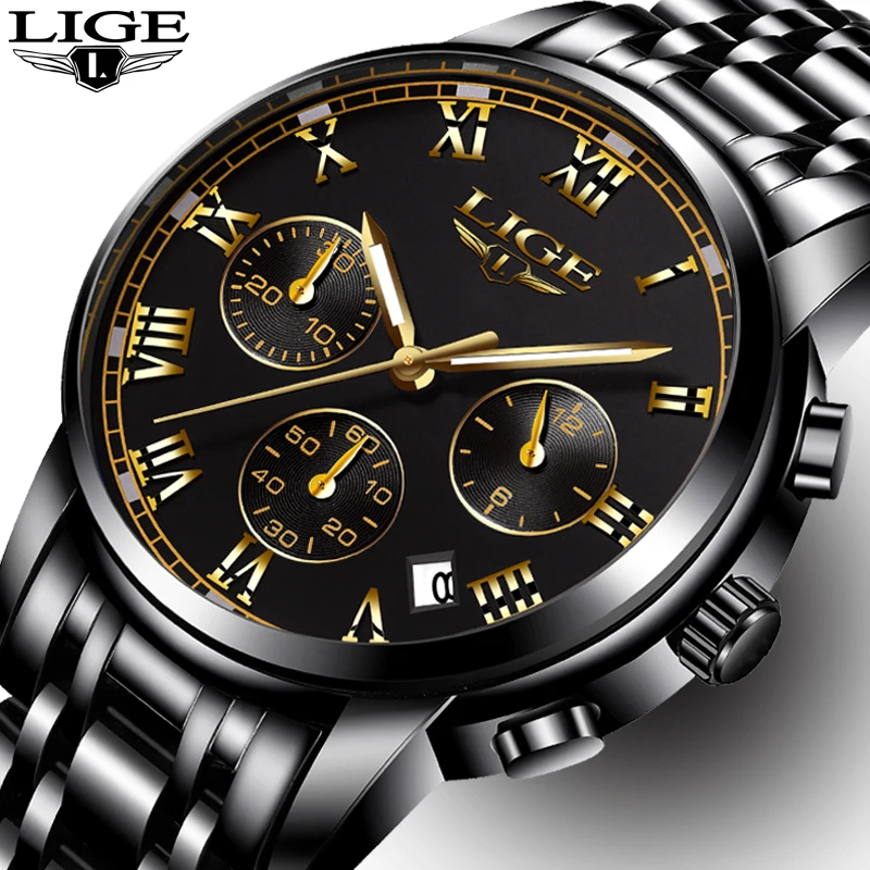 

Mens Watches Top Brand LIGE Luxury Fashion Business Quartz Watch Men Sports Full Steel Waterproof Black Watches relogio masculin