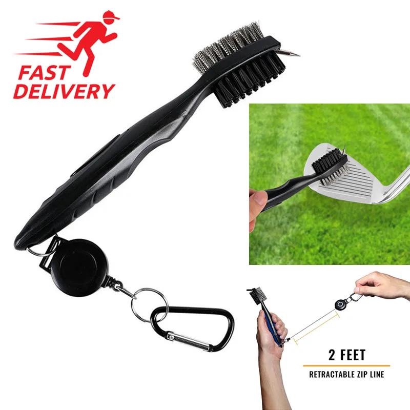 

Golf Brush Club Cleaner Tool Double Sided Golf Club Cleaning Brush Ball Wedge Groove Kit Golf Equipment with Hook Clip Steel